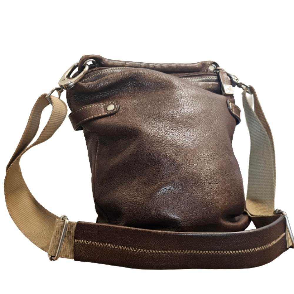 [Soprano]Dark Brown Genuine Leather Crossbody Travel Bag Canvas Strap
